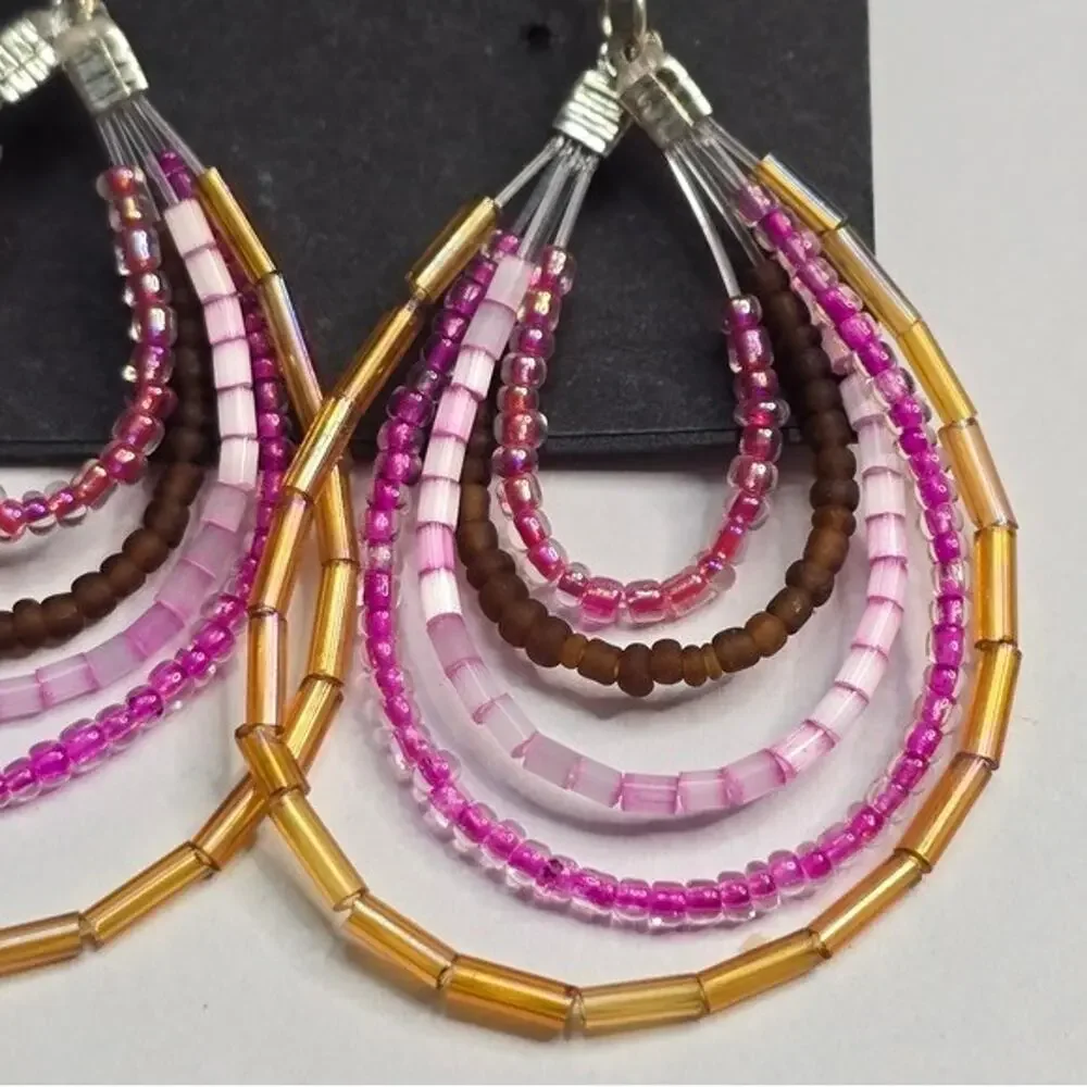 Treska Zevar Beaded Teardrop Earrings Multi Layer Pink Gold Brown Boho Statement